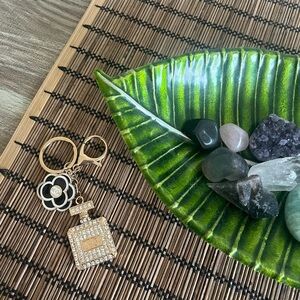 CHANEL RARE Black Camellia Flower & No 5 Perfume Bottle Rhinestones Keychain